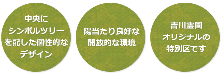 アーチ型墓所の特徴：１．中央にシンボルツリーを配した個性的なデザイン。２．陽当たり良好な開放的な環境。３．吉川霊園オリジナルの特別区です